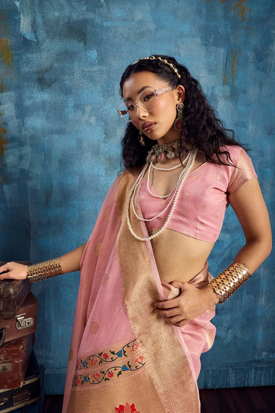 Cleo Blush Pink Paithani Tissue Handloom Weaving Ready to Wear Saree