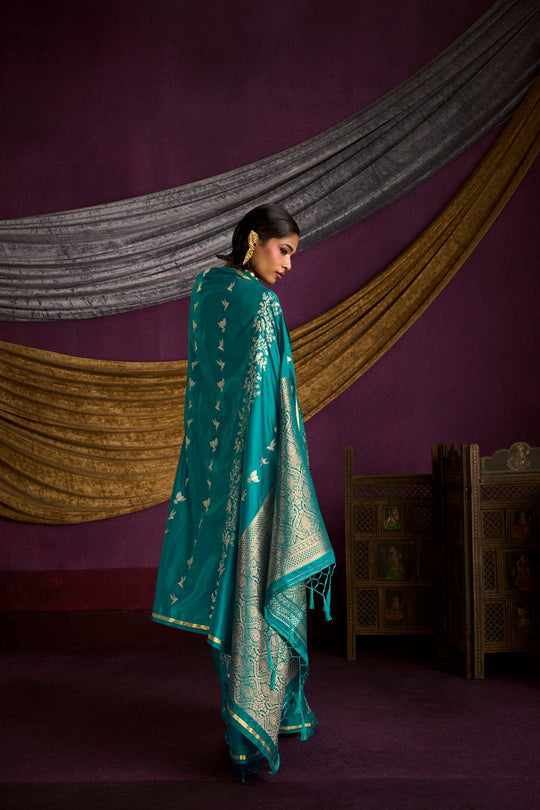 Akari Teal Blue Pure Satin Handloom Weaving Silk Ready to Wear Saree