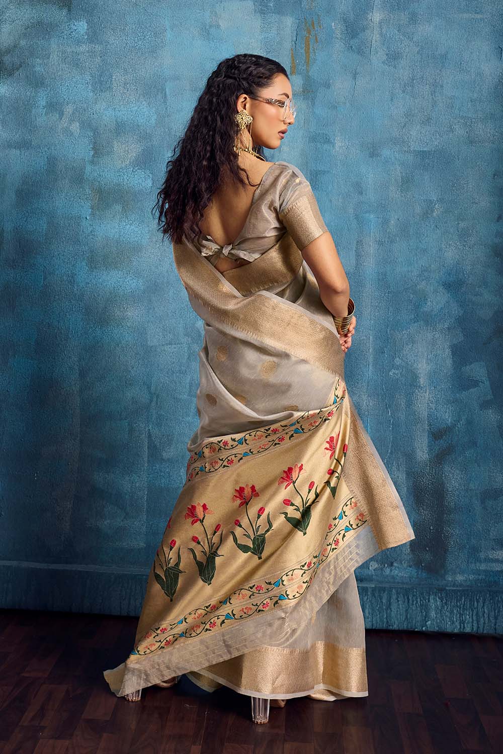 Cleo Grey Paithani Tissue Handloom Weaving Ready to Wear Saree