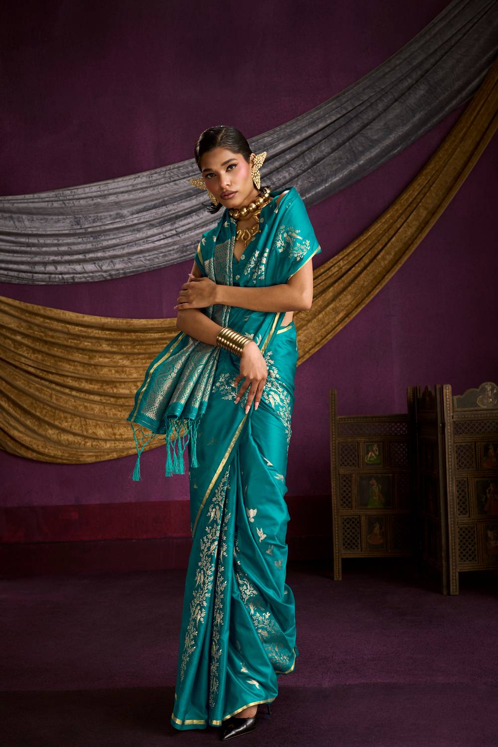 Akari Teal Blue Pure Satin Handloom Weaving Silk Ready to Wear Saree
