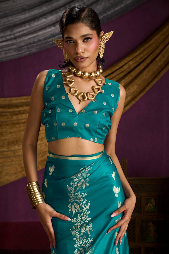 Akari Teal Blue Pure Satin Handloom Weaving Silk Ready to Wear Saree