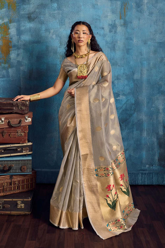 Cleo Grey Paithani Tissue Handloom Weaving Ready to Wear Saree