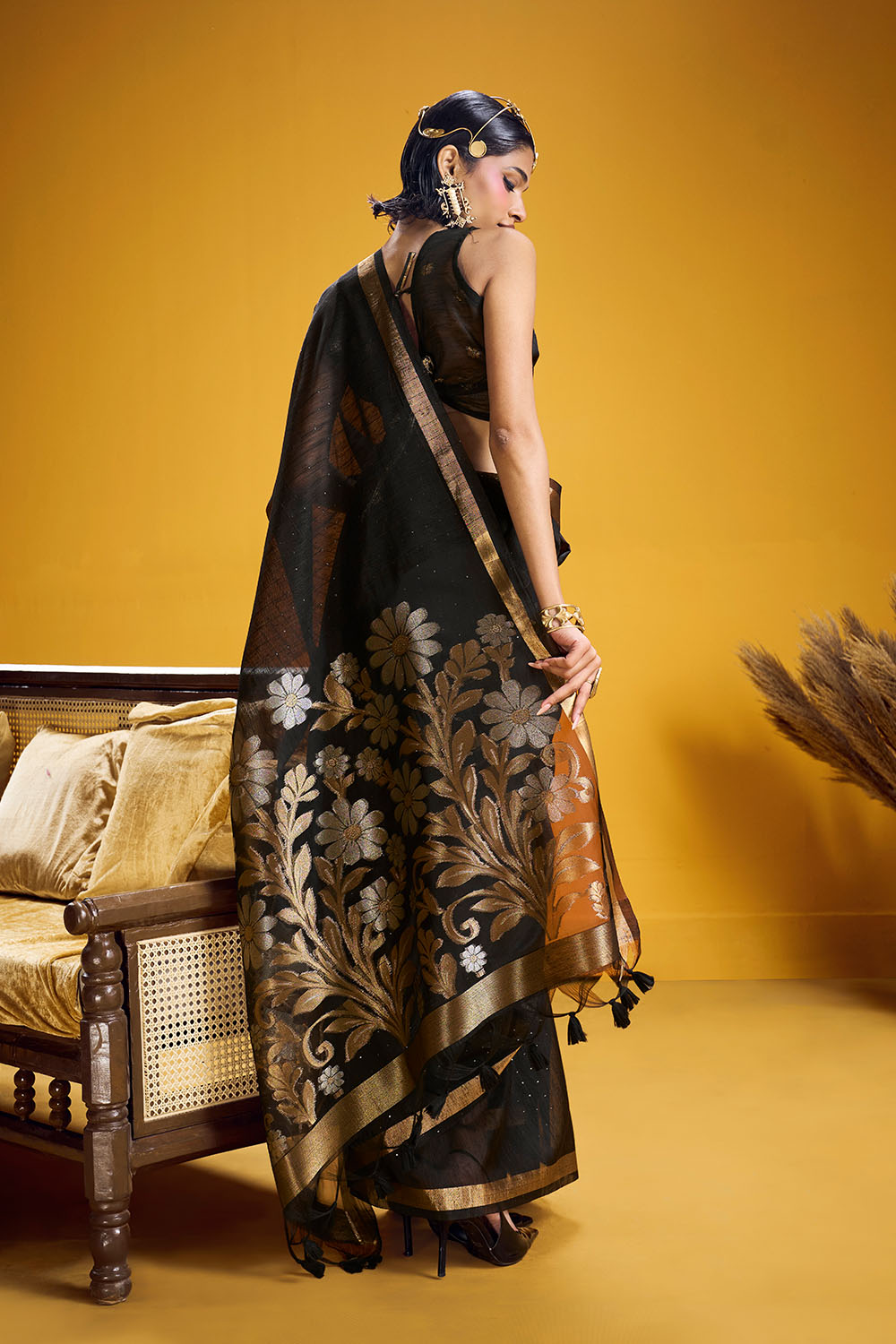 Neerja Elegant Black Munga Silk Zari Weaving Ready to Wear One Minute Saree