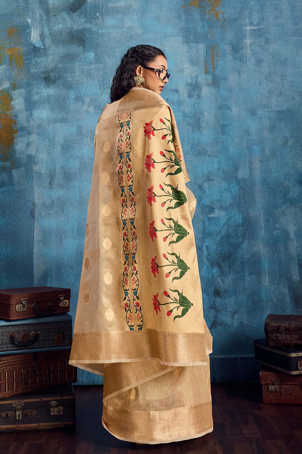 Cleo Beige Paithani Tissue Handloom Weaving Ready to Wear Saree