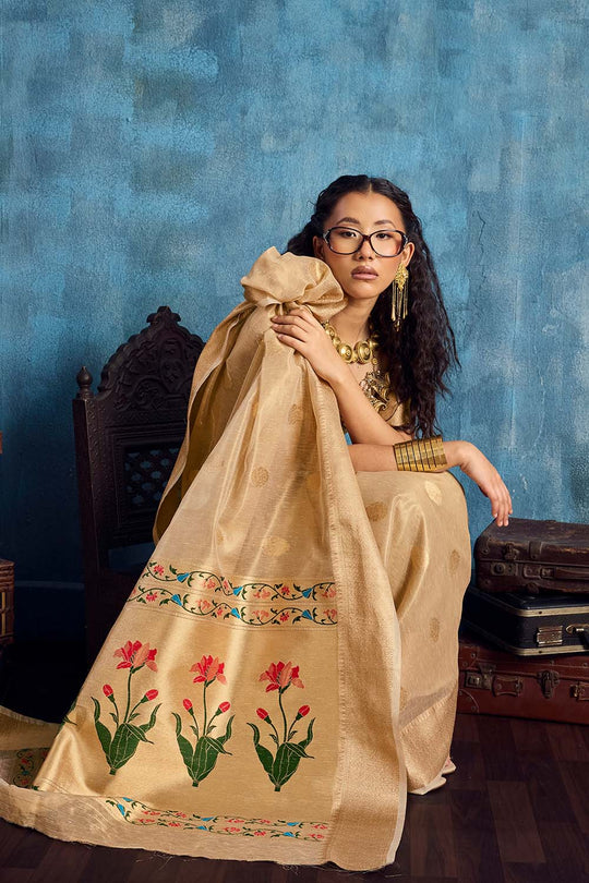 Cleo Beige Paithani Tissue Handloom Weaving Ready to Wear Saree