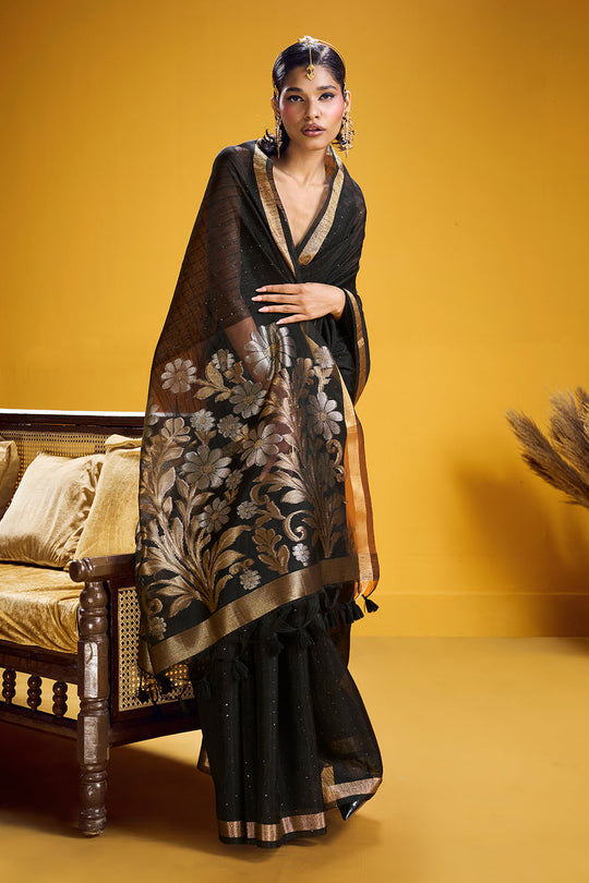 Neerja Elegant Black Munga Silk Zari Weaving Ready to Wear One Minute Saree
