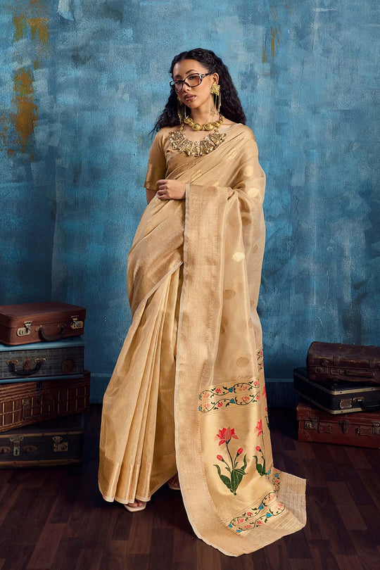 Cleo Beige Paithani Tissue Handloom Weaving Ready to Wear Saree