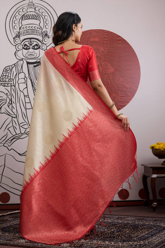 Mona Cream & Red Paper Silk Ready to Wear Saree