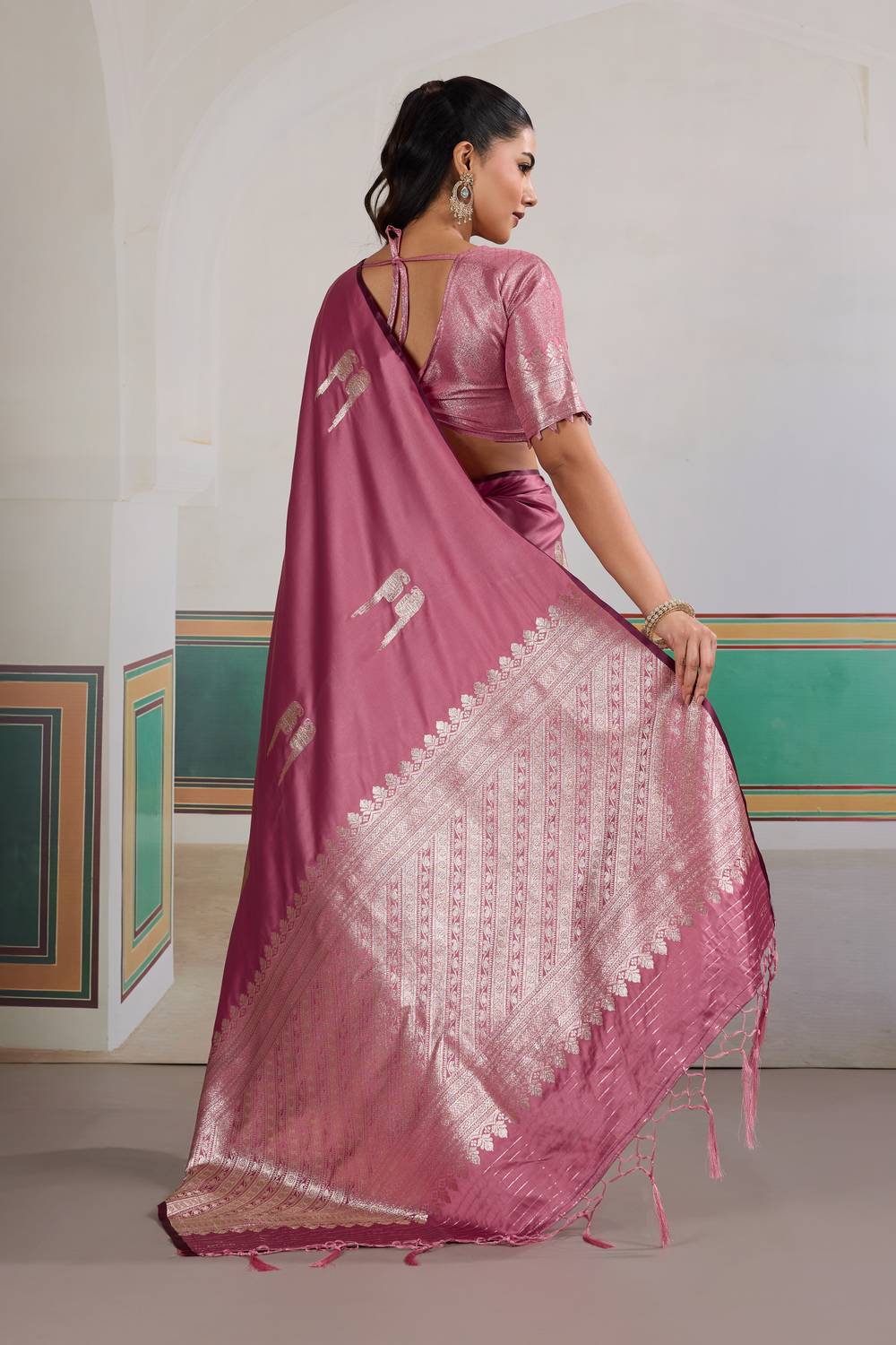 Casey Rose Pink Pure Satin Handloom Weaving Ready to Wear Saree