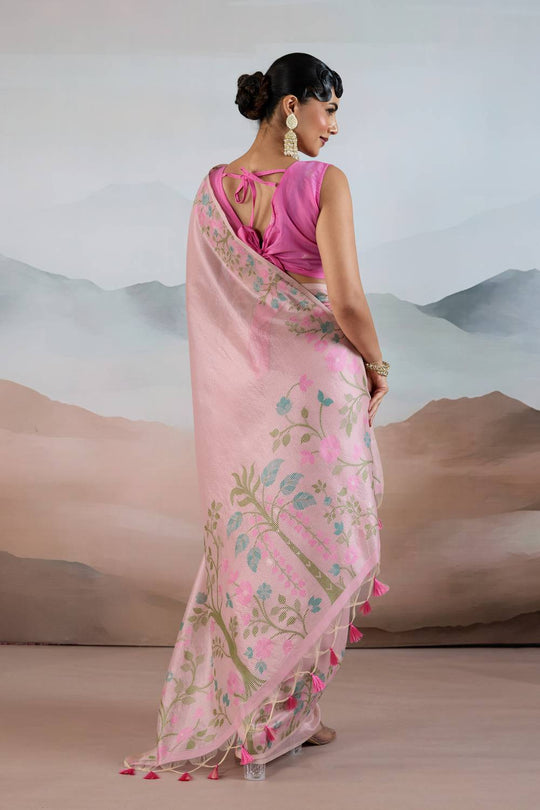 Gaila Light Pink Handloom Zari Tissue Brasso Weaving Ready to Wear Saree