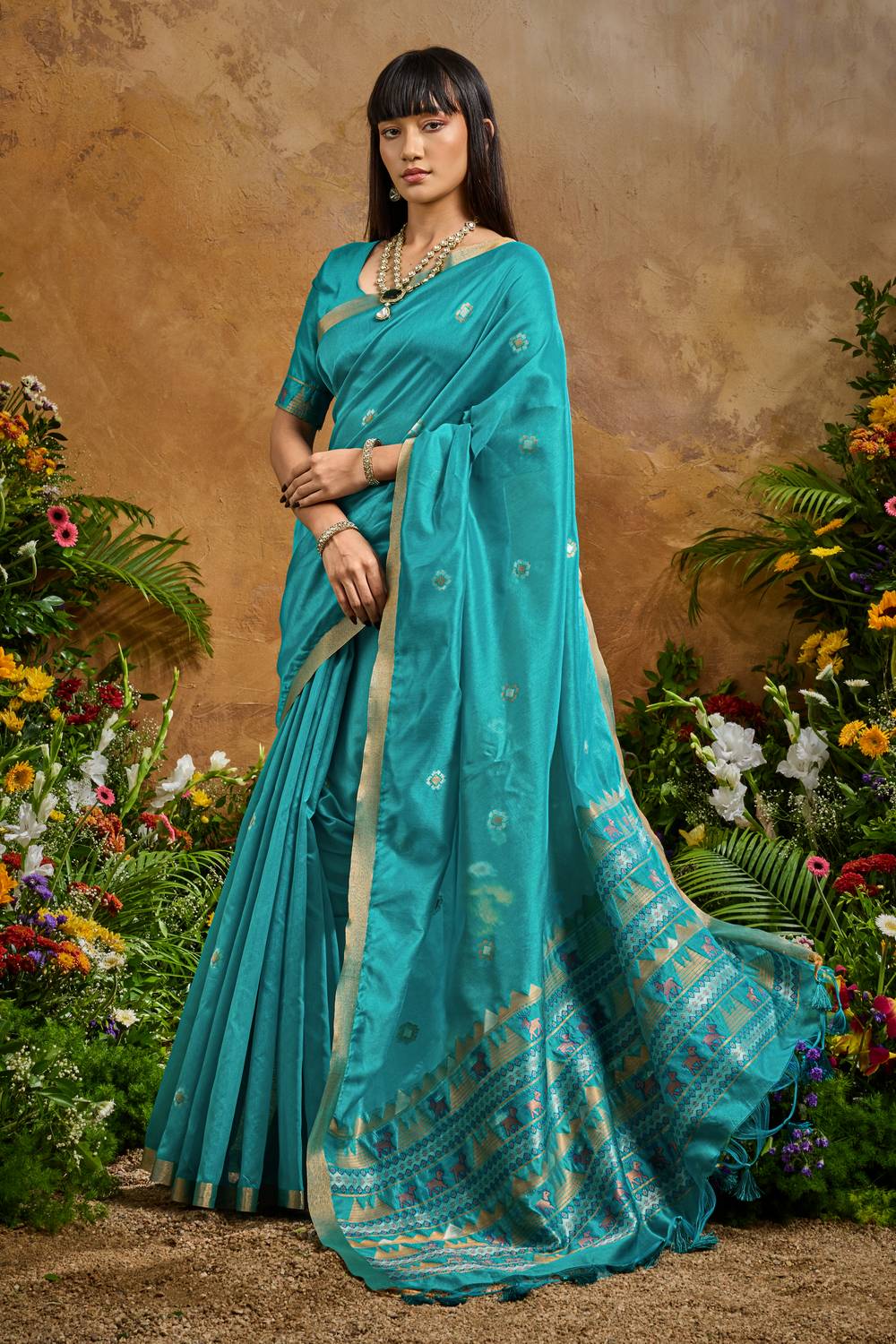 Nikka Teal Blue Tussar Silk Handloom Woven Tribal Border Ready to Wear Saree
