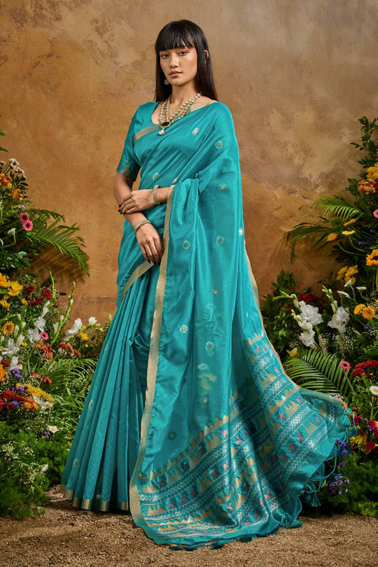 Nikka Teal Blue Tussar Silk Handloom Woven Tribal Border Ready to Wear Saree