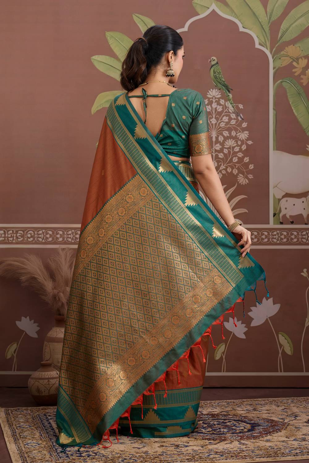 Tessa Burnt Orange Silk Woven With Zari Work Ready to Wear Saree