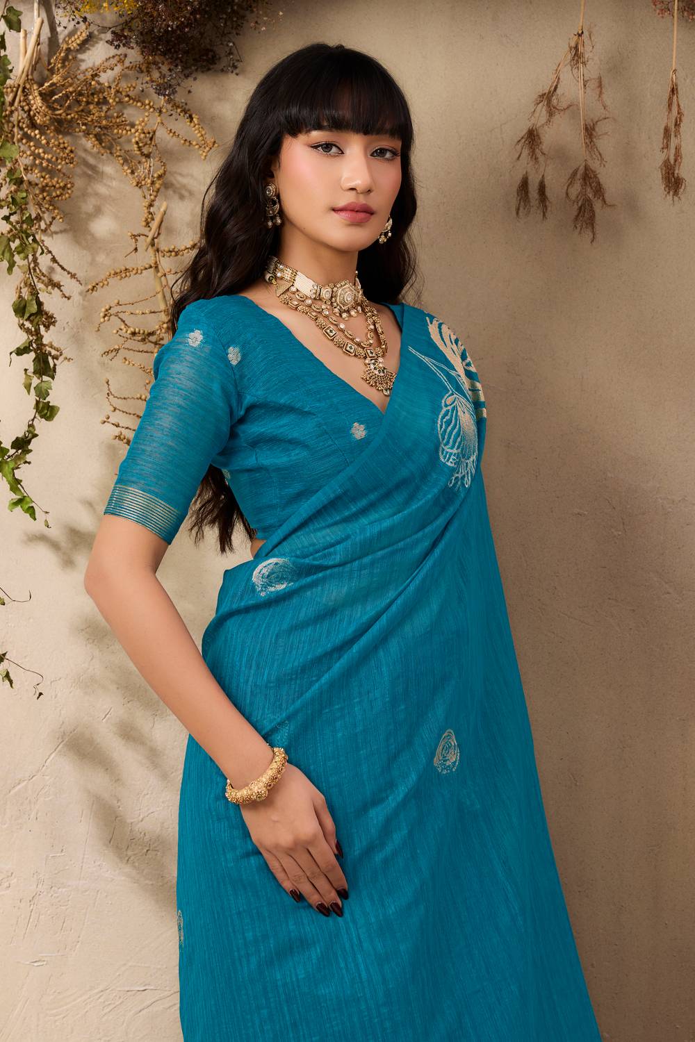 Samara Teal Blue Woven Soft Silk with Floral Motif Work Ready to Wear Saree