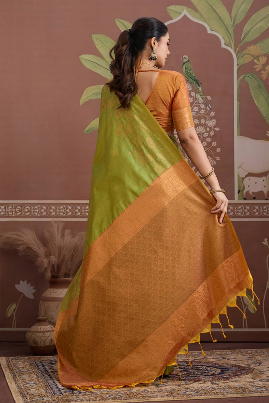 Reishi Light Green Silk Handloom Woven With Zari Border Ready to Wear Saree