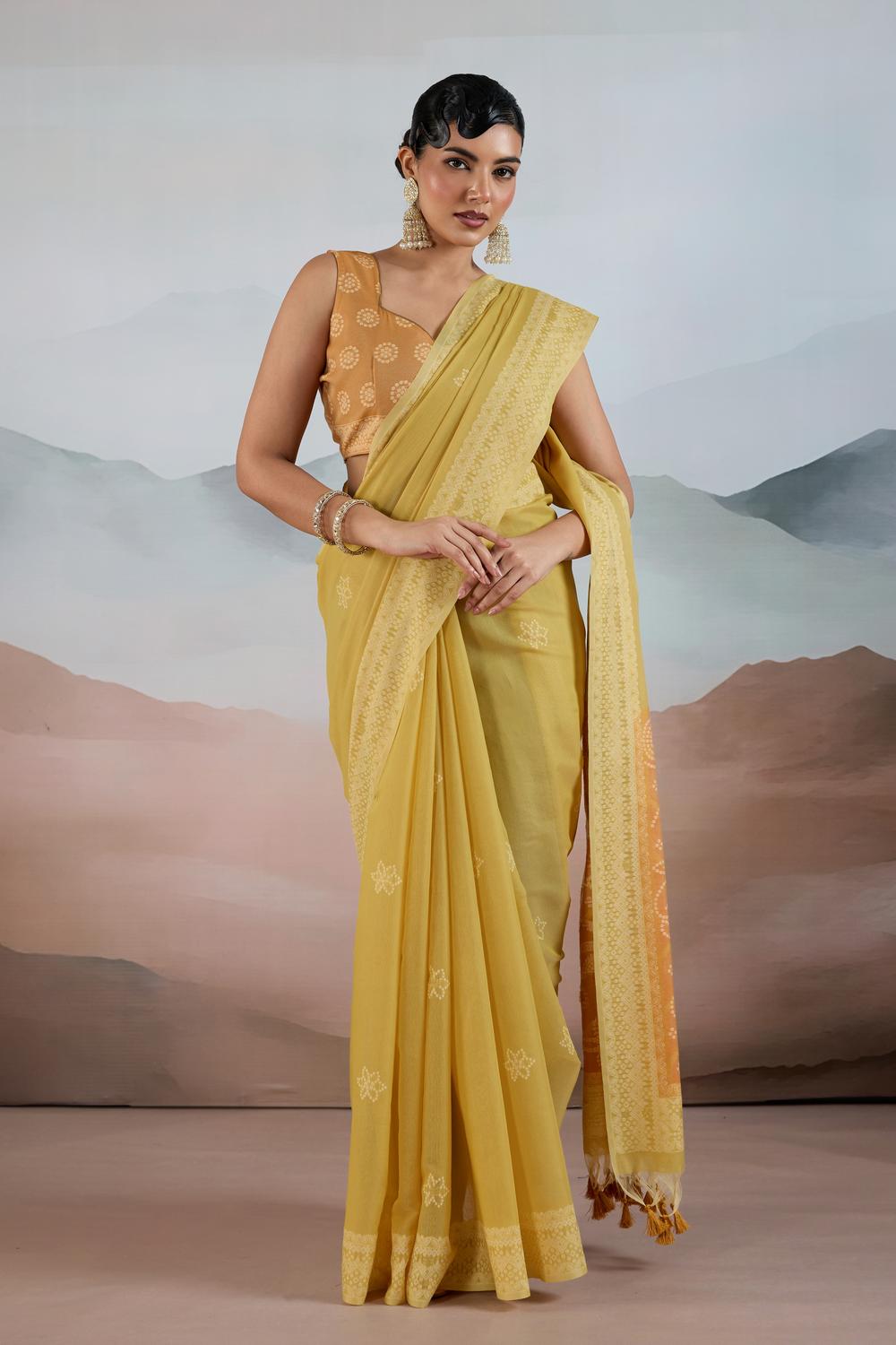 Neetu Mustard Yellow Pure Viscose Cotton Handloom Woven One Minute Saree