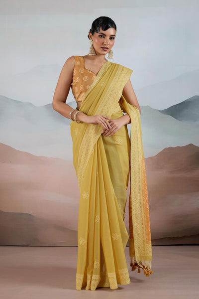 Neetu Mustard Yellow Pure Viscose Cotton Handloom Woven One Minute Saree