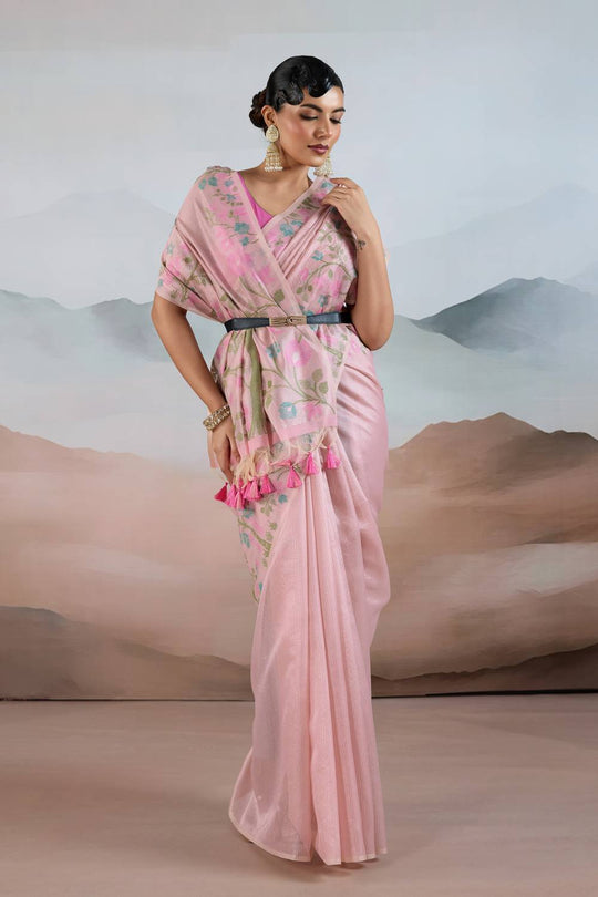 Gaila Light Pink Handloom Zari Tissue Brasso Weaving Ready to Wear Saree