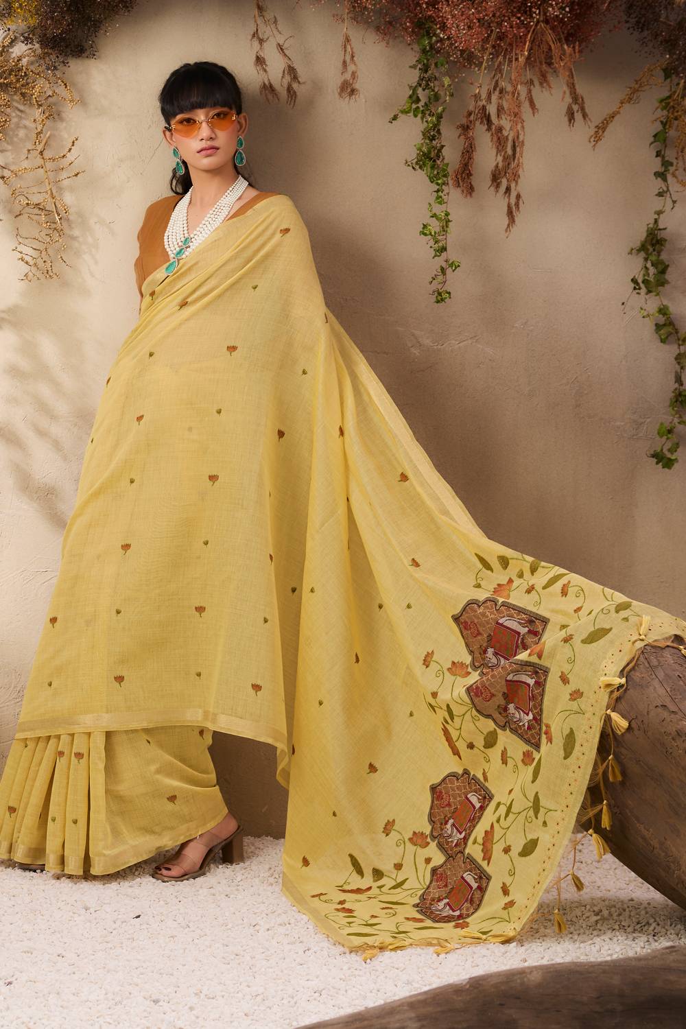 Sanja Mellow Yellow Cotton Woven Ready to Wear Saree