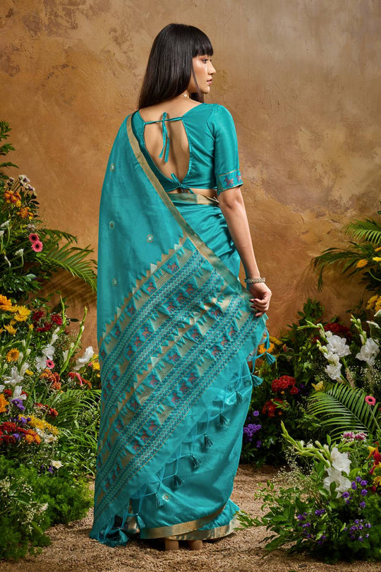 Nikka Teal Blue Tussar Silk Handloom Woven Tribal Border Ready to Wear Saree