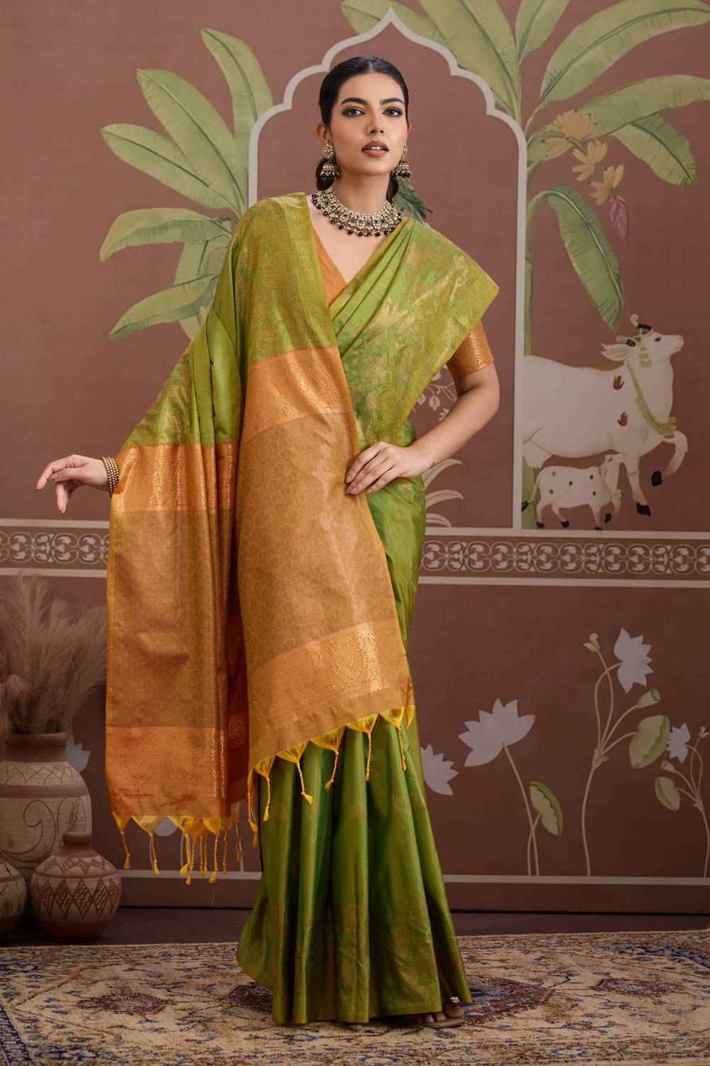 Reishi Light Green Silk Handloom Woven With Zari Border Ready to Wear Saree