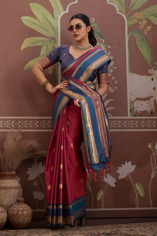 Nima Maroon Silk Handloom Woven Ready to Wear Saree