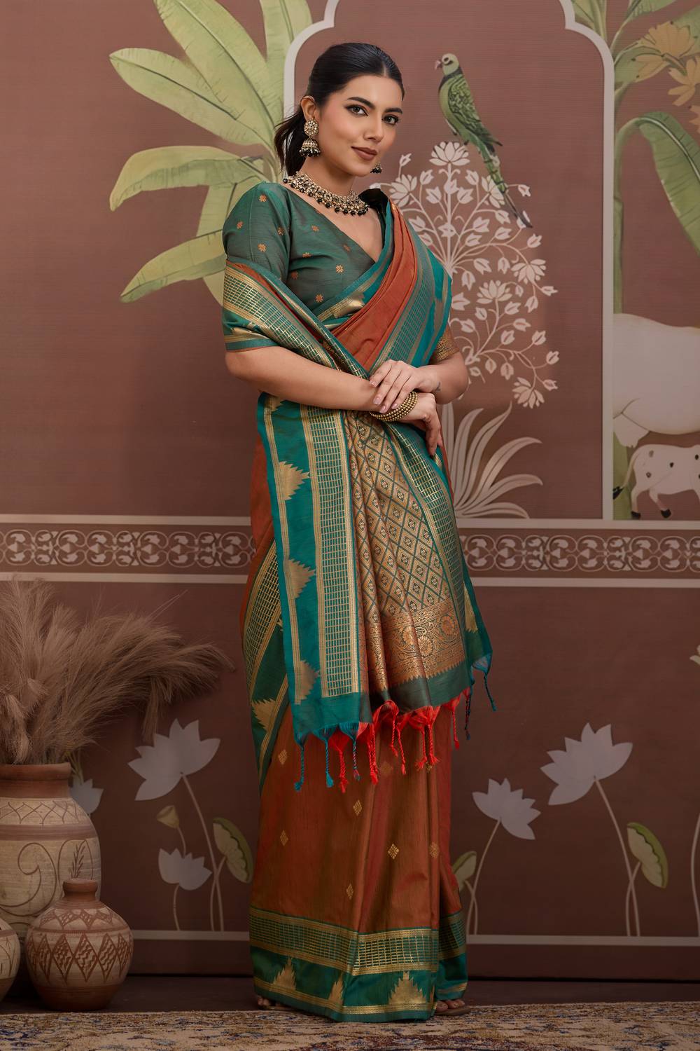 Tessa Burnt Orange Silk Woven With Zari Work Ready to Wear Saree