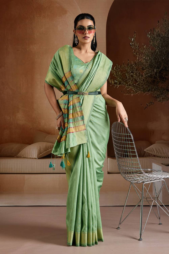 Prerna Sage Green Handwoven Pure Bhagalpuri Silk Ready to Wear Saree
