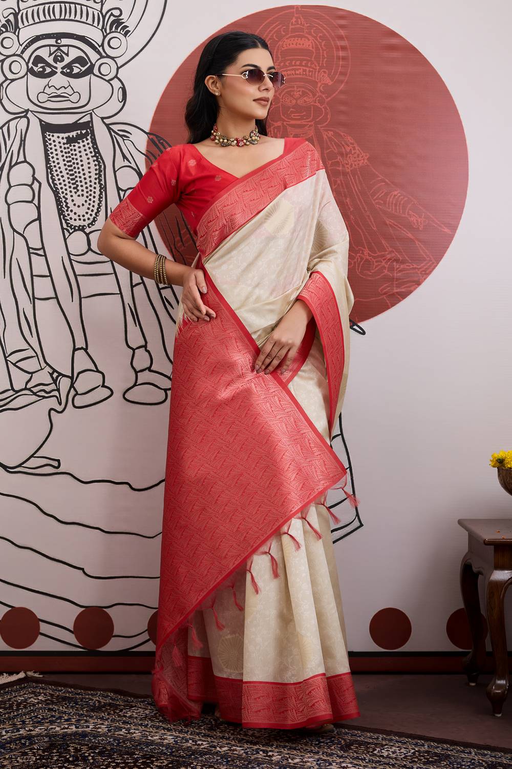 Mona Cream & Red Paper Silk Ready to Wear Saree