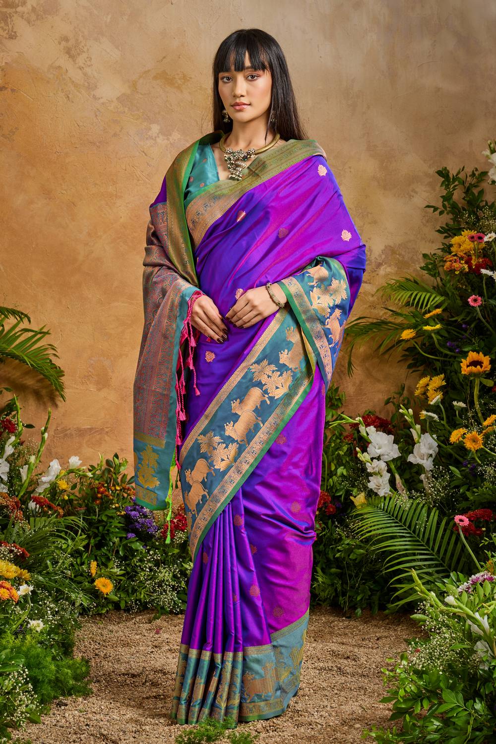 Reishi Purple Pure Silk Handloom Woven Ready to Wear Saree
