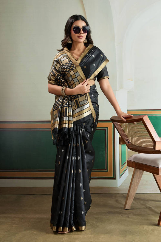 Usha Black Tussar Silk Ikkat Handloom Weaving Ready to Wear Saree
