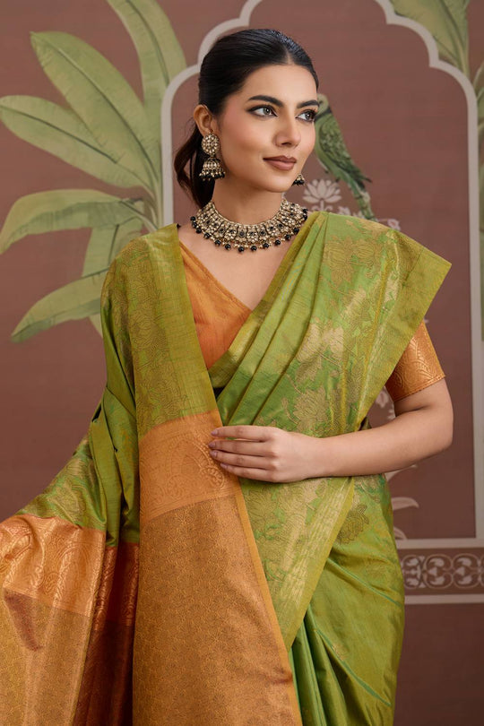 Reishi Light Green Silk Handloom Woven With Zari Border Ready to Wear Saree
