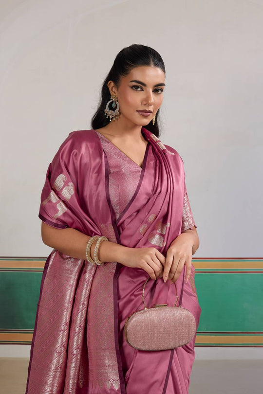 Casey Rose Pink Pure Satin Handloom Weaving Ready to Wear Saree