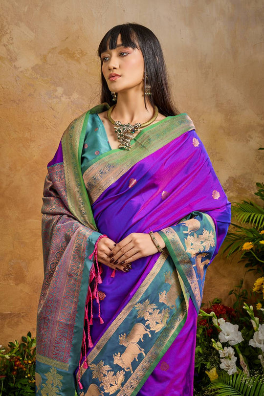 Reishi Purple Pure Silk Handloom Woven Ready to Wear Saree