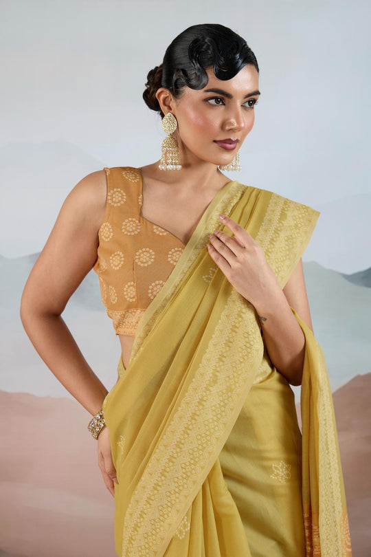 Neetu Mustard Yellow Pure Viscose Cotton Handloom Woven One Minute Saree