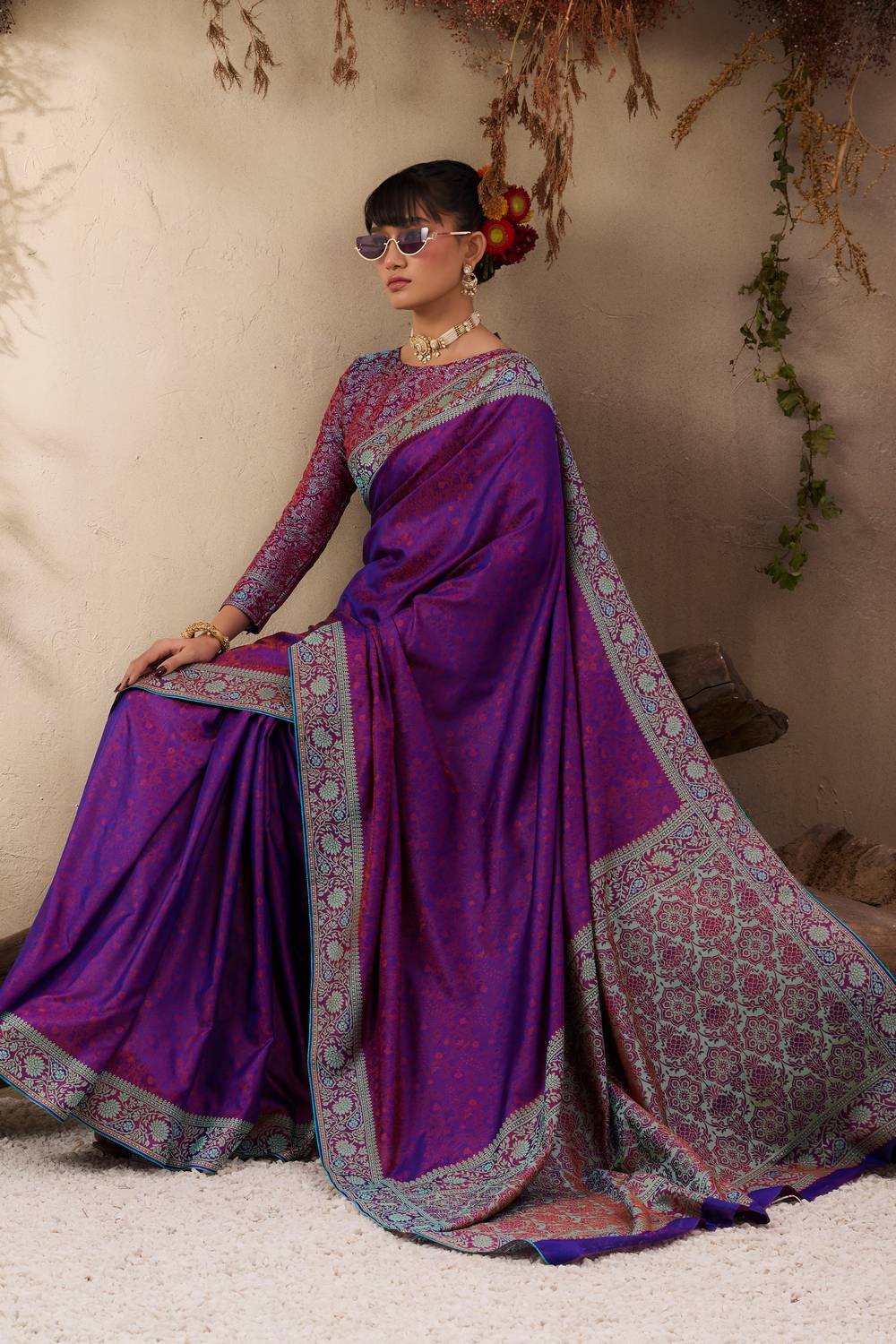 Jivana Royal Purple Pure Kanjivaram Weaving Silk Ready to Wear Saree