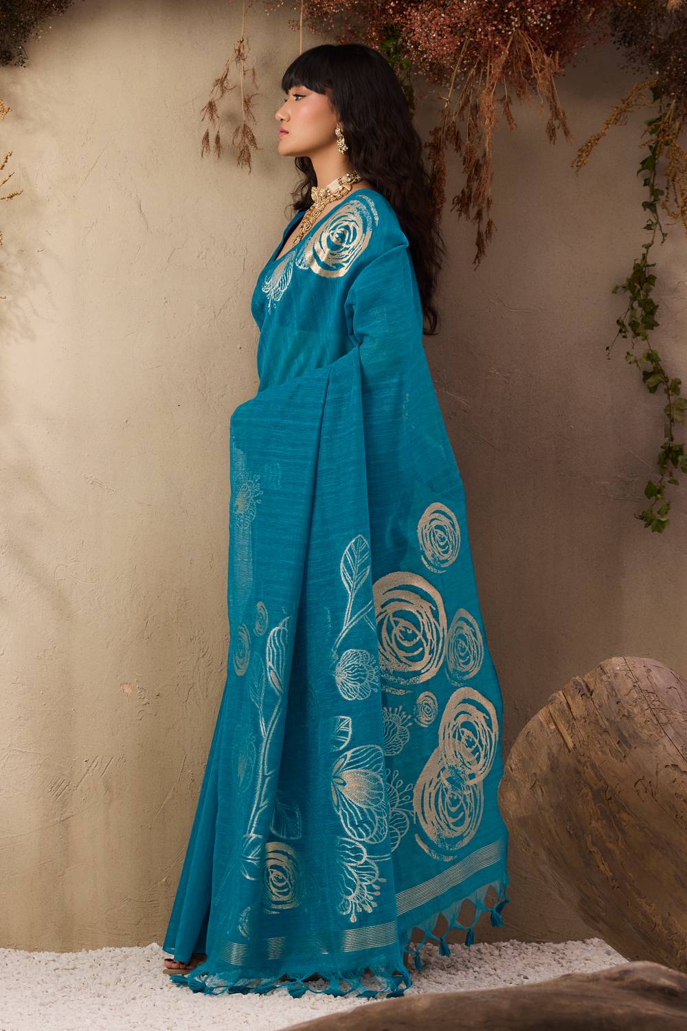 Samara Teal Blue Woven Soft Silk with Floral Motif Work Ready to Wear Saree