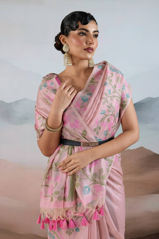 Gaila Light Pink Handloom Zari Tissue Brasso Weaving Ready to Wear Saree