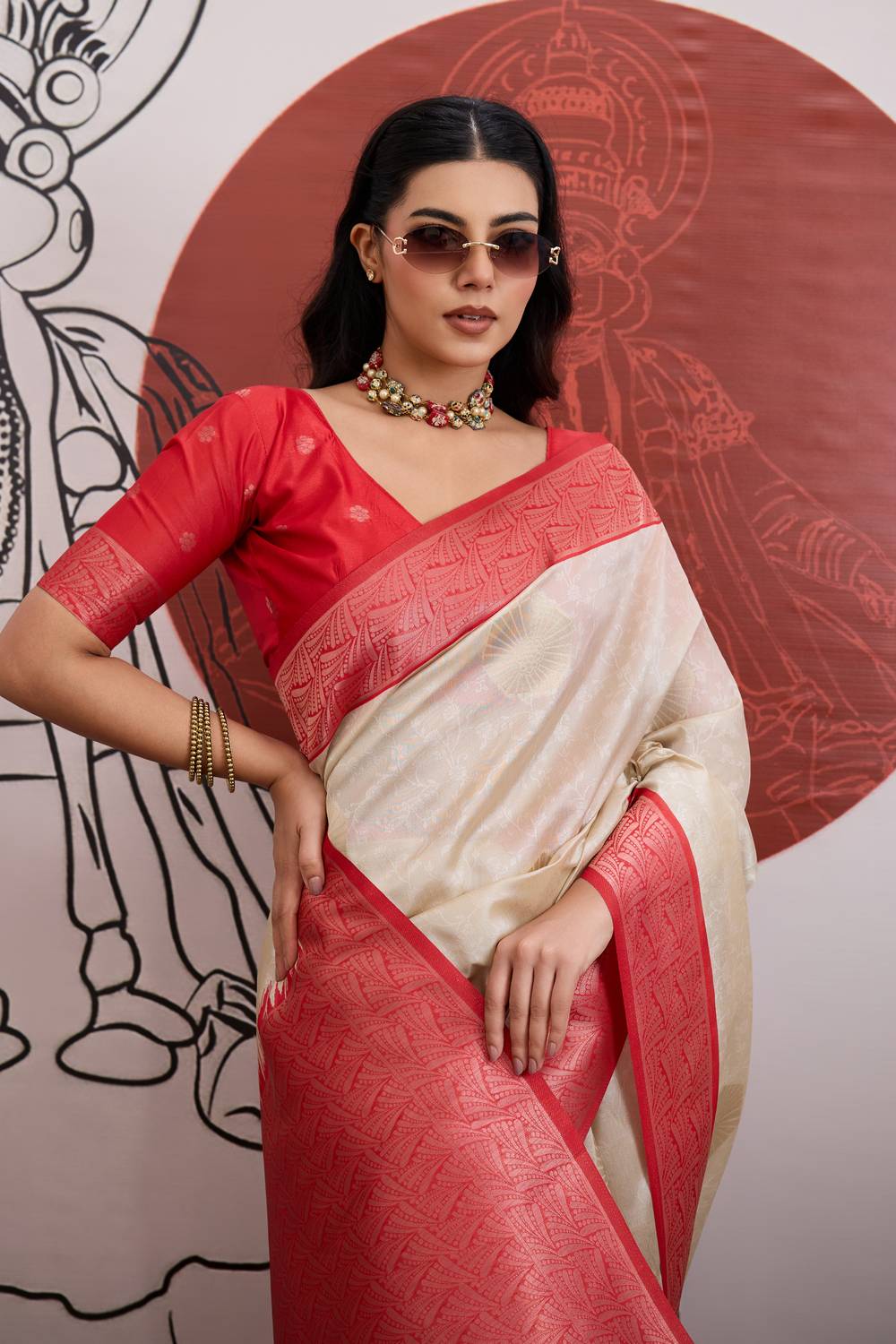 Mona Cream & Red Paper Silk Ready to Wear Saree