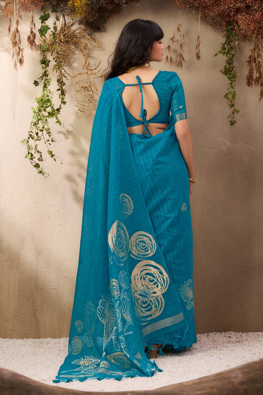 Samara Teal Blue Woven Soft Silk with Floral Motif Work Ready to Wear Saree