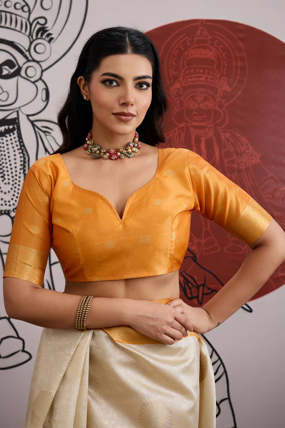 Mona Cream and Mustard Paper Silk Ready to Wear Saree