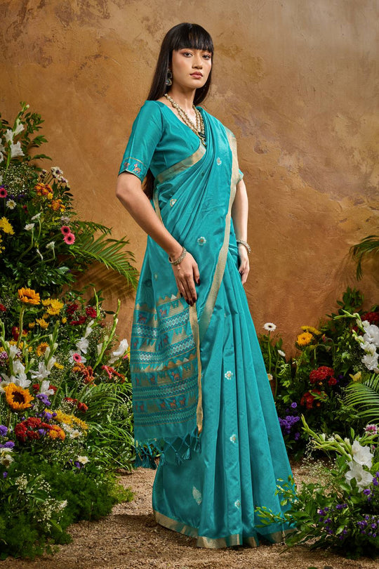 Nikka Teal Blue Tussar Silk Handloom Woven Tribal Border Ready to Wear Saree