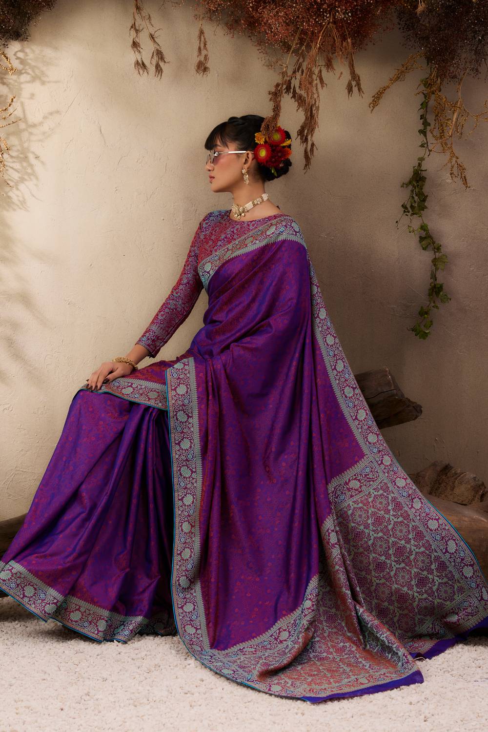 Jivana Royal Purple Pure Kanjivaram Weaving Silk Ready to Wear Saree