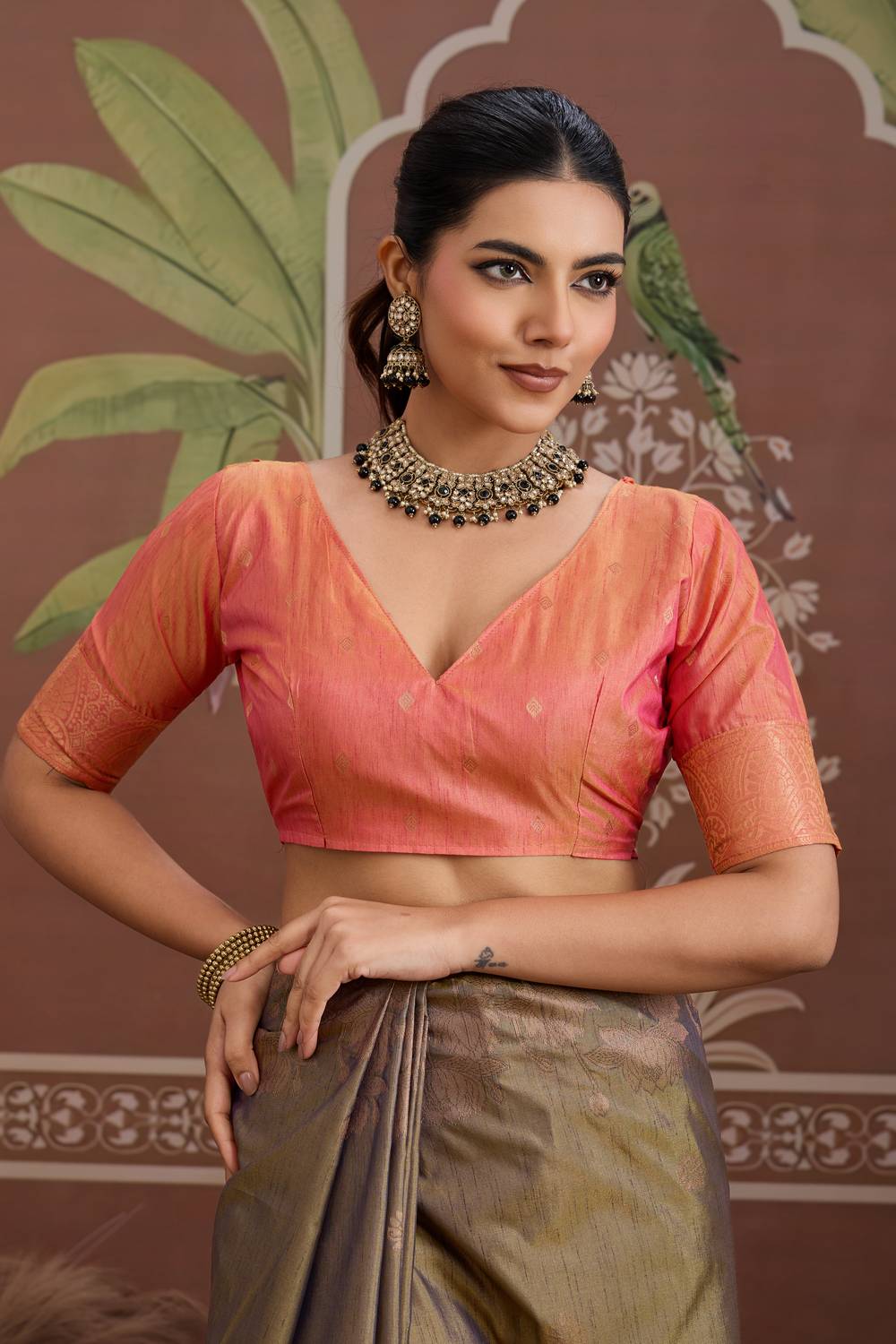 Reishi Olive Green Silk Handloom Woven With Zari Border Ready to Wear Saree