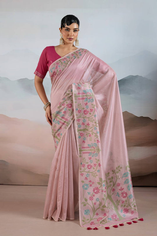 Gaila Rosy Blush Pink Handloom Zari Tissue Brasso Weaving Ready to Wear Saree