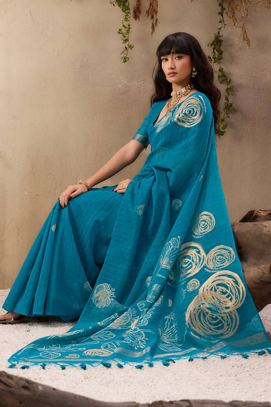 Samara Teal Blue Woven Soft Silk with Floral Motif Work Ready to Wear Saree