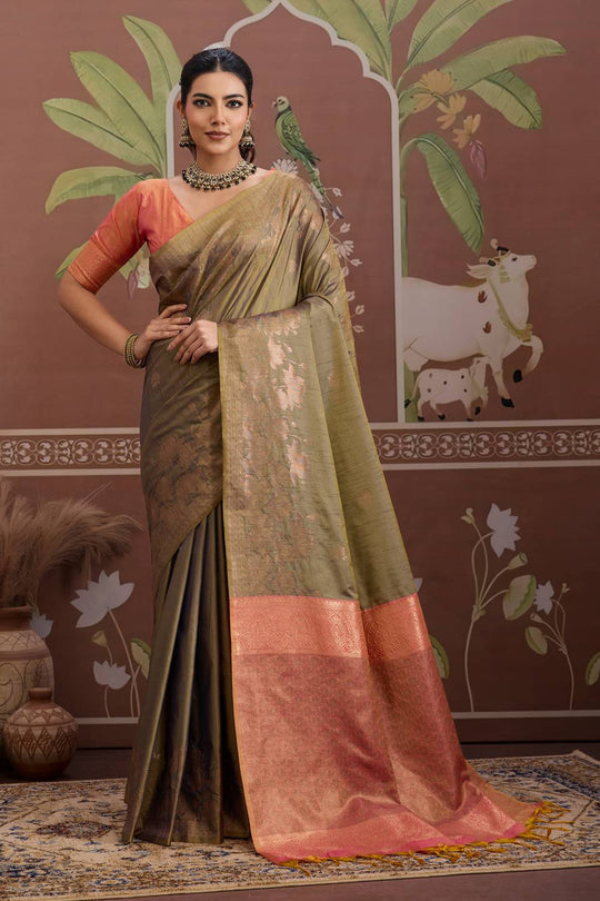Reishi Olive Green Silk Handloom Woven With Zari Border Ready to Wear Saree