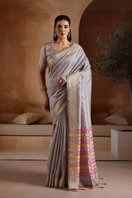 Prerna Soft Dove Grey Handwoven Pure Bhagalpuri Silk Ready to Wear Saree