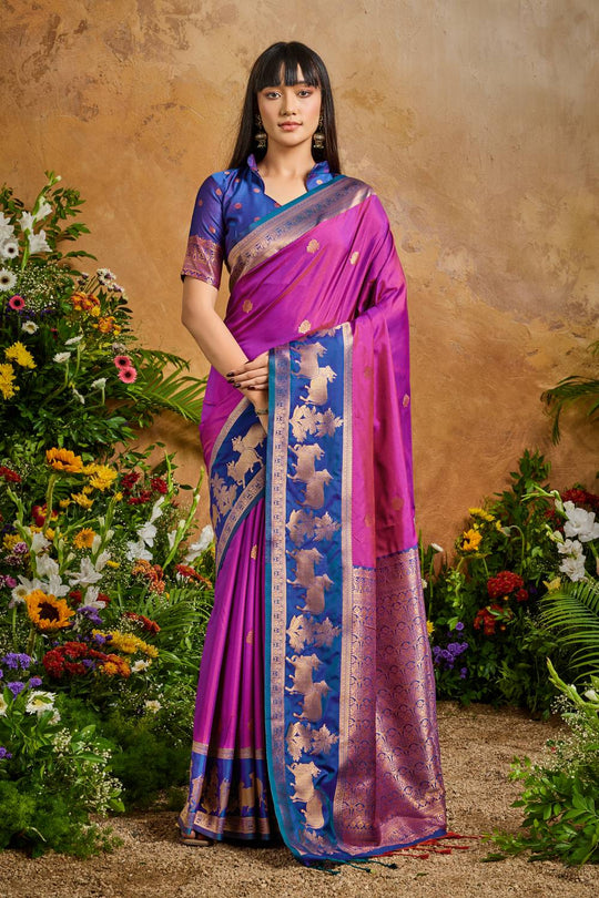Reishi Magenta Silk Handloom Woven Ready to Wear Saree