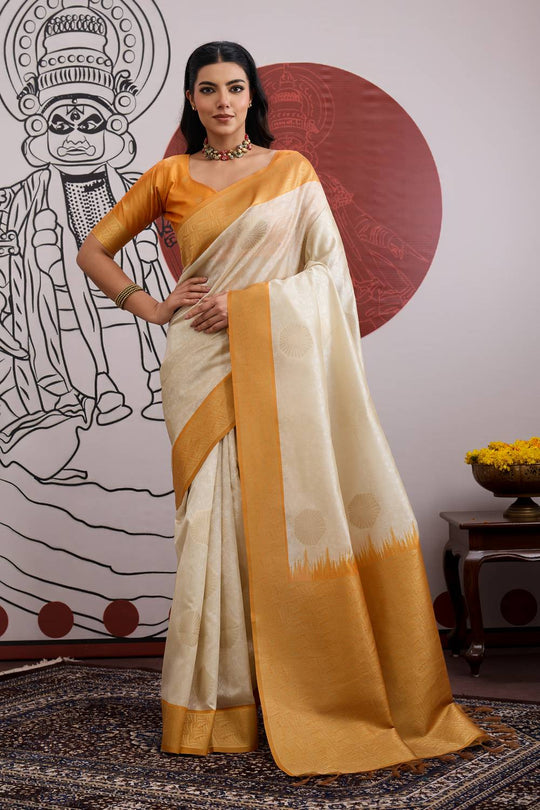 Mona Cream and Mustard Paper Silk Ready to Wear Saree